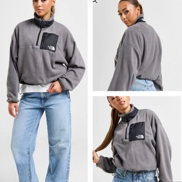 The North Face Hangita Polar 1/4 Zip Fleece crop sweater sweatshirt grey large - Picture 1 of 9